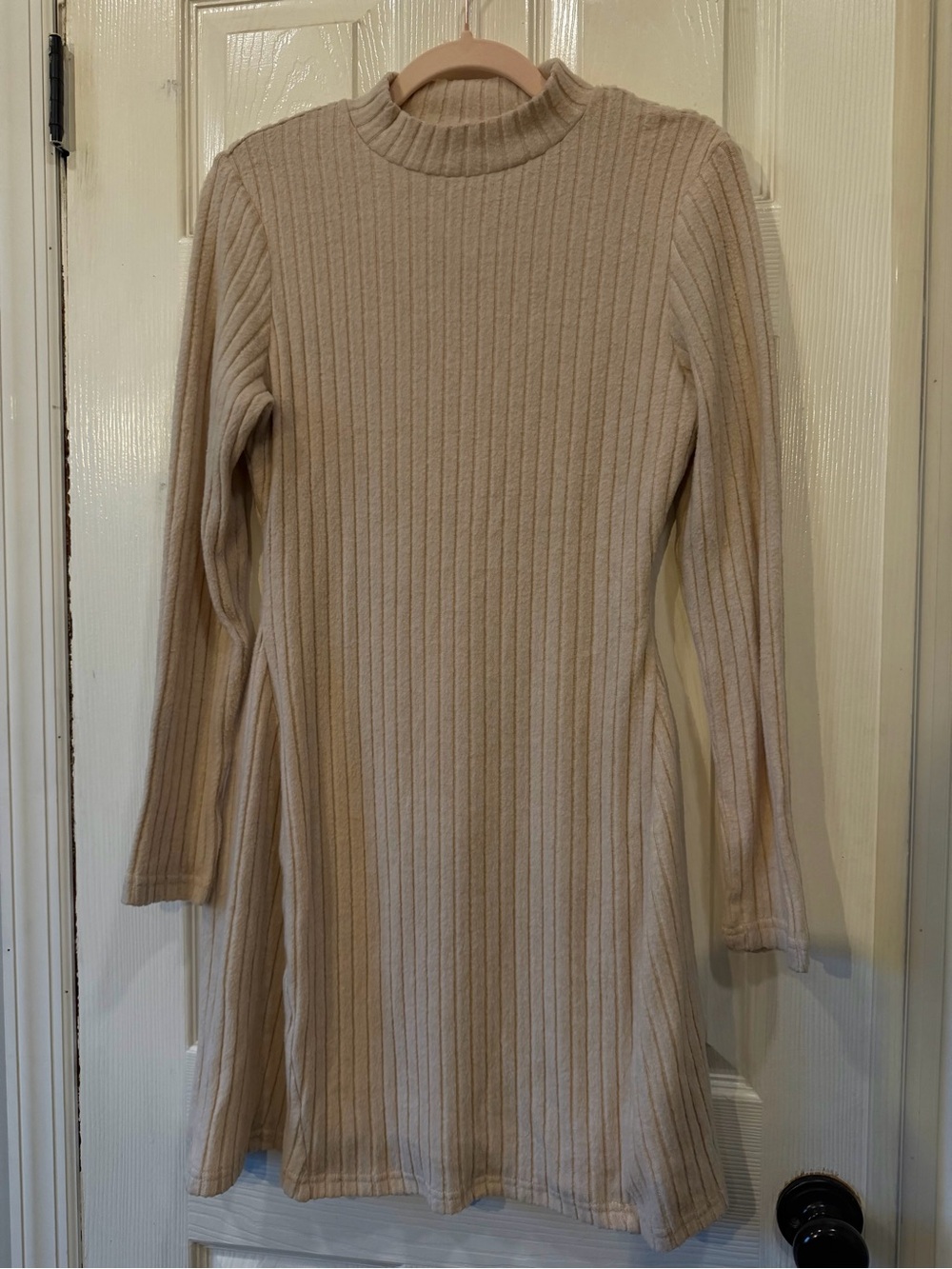 Ribbed Long-Sleeve Knit Mini Dress in Beige